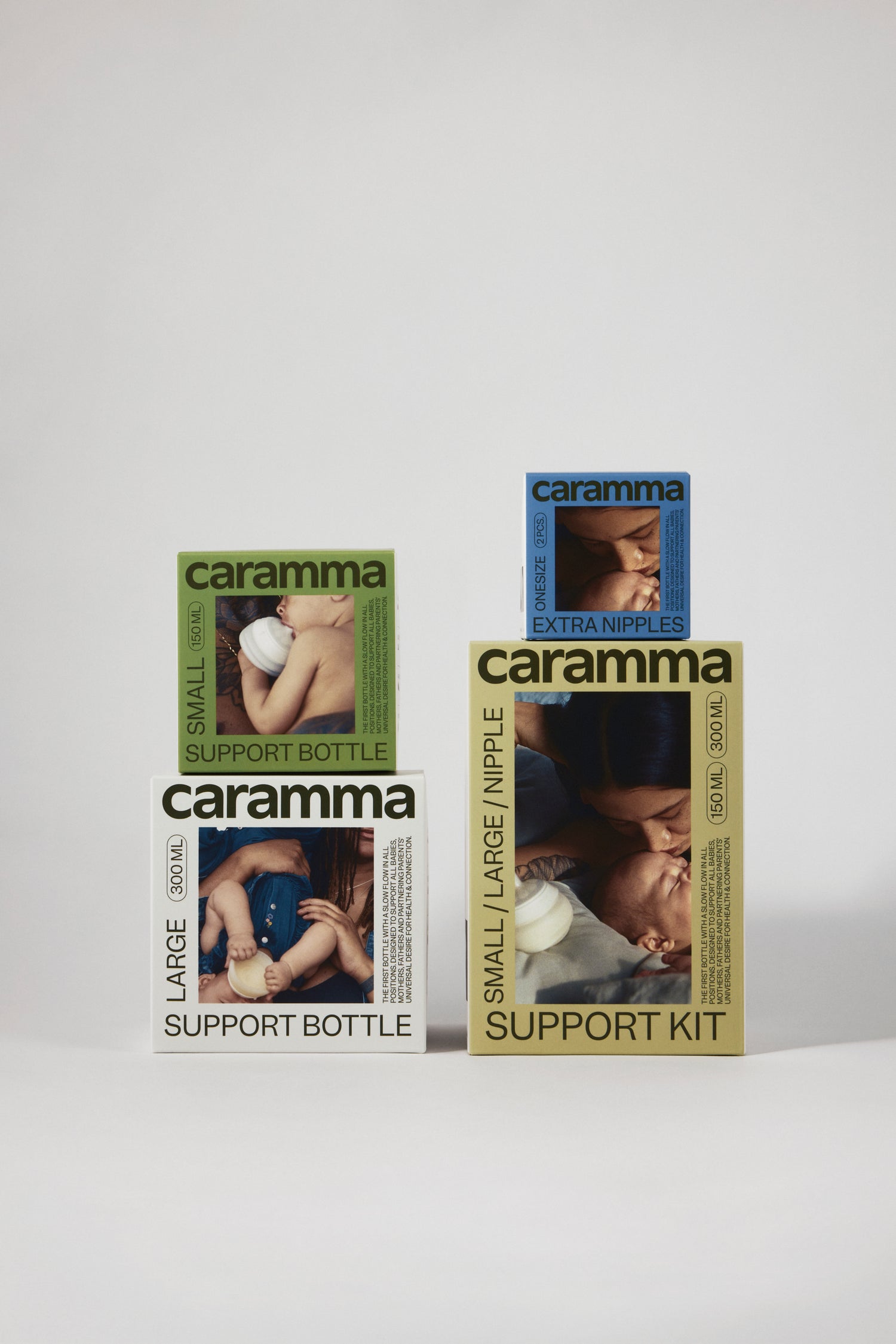 Caramma complete baby bottle system featuring full-size and compact bottles, flow control nipples, and a versatile feeding kit.