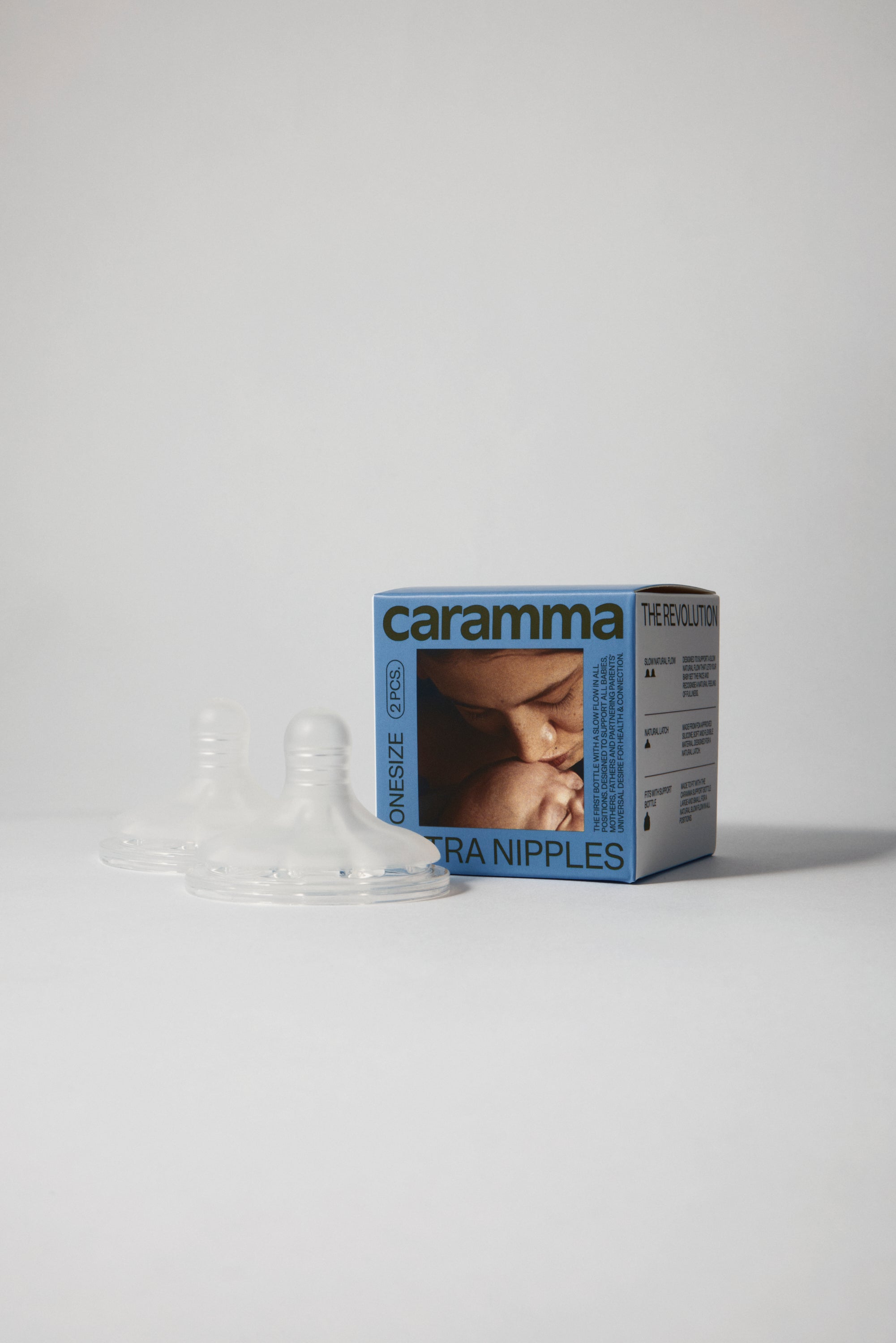 caramma Extra Nipples in small blue box designed to be compact