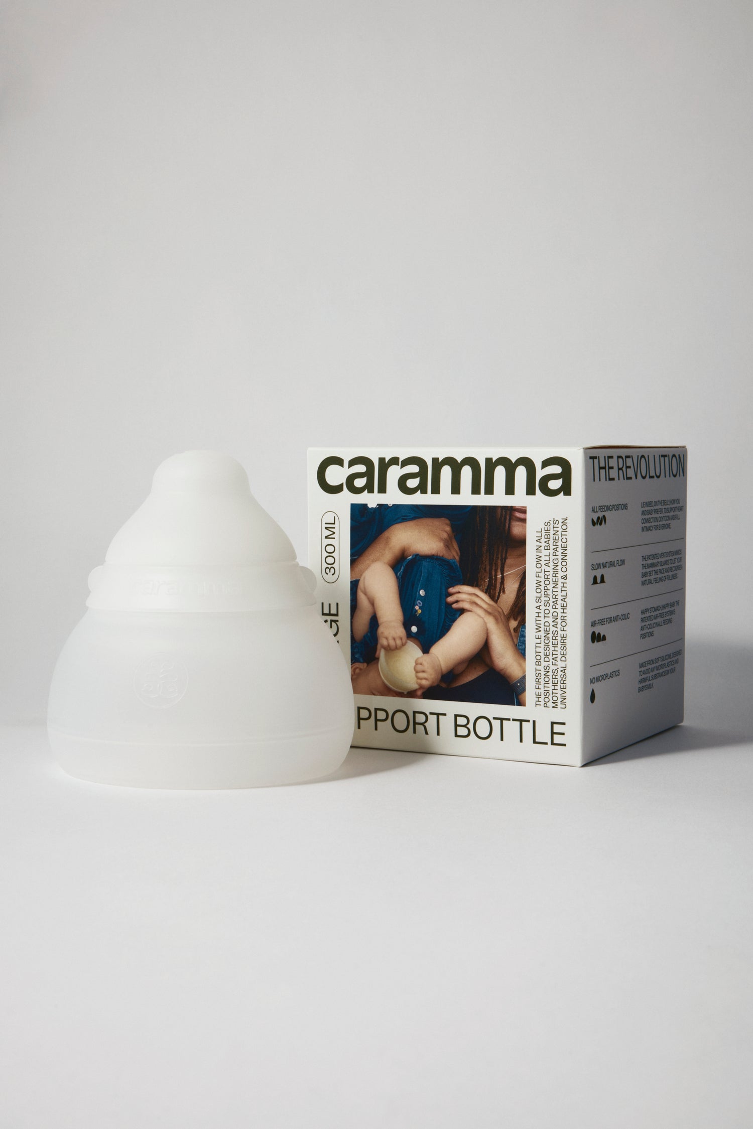 caramma large Support Bottle with packaging featuring distinct caramma brand identity for modern parents