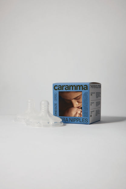 caramma Extra Nipples in small blue box designed to be compact